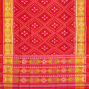 Red Handloom Patola Single Ikat Silk Saree With Diamond Motifs-Red