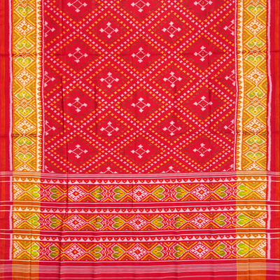 Red Handloom Patola Single Ikat Silk Saree With Diamond Motifs-Red
