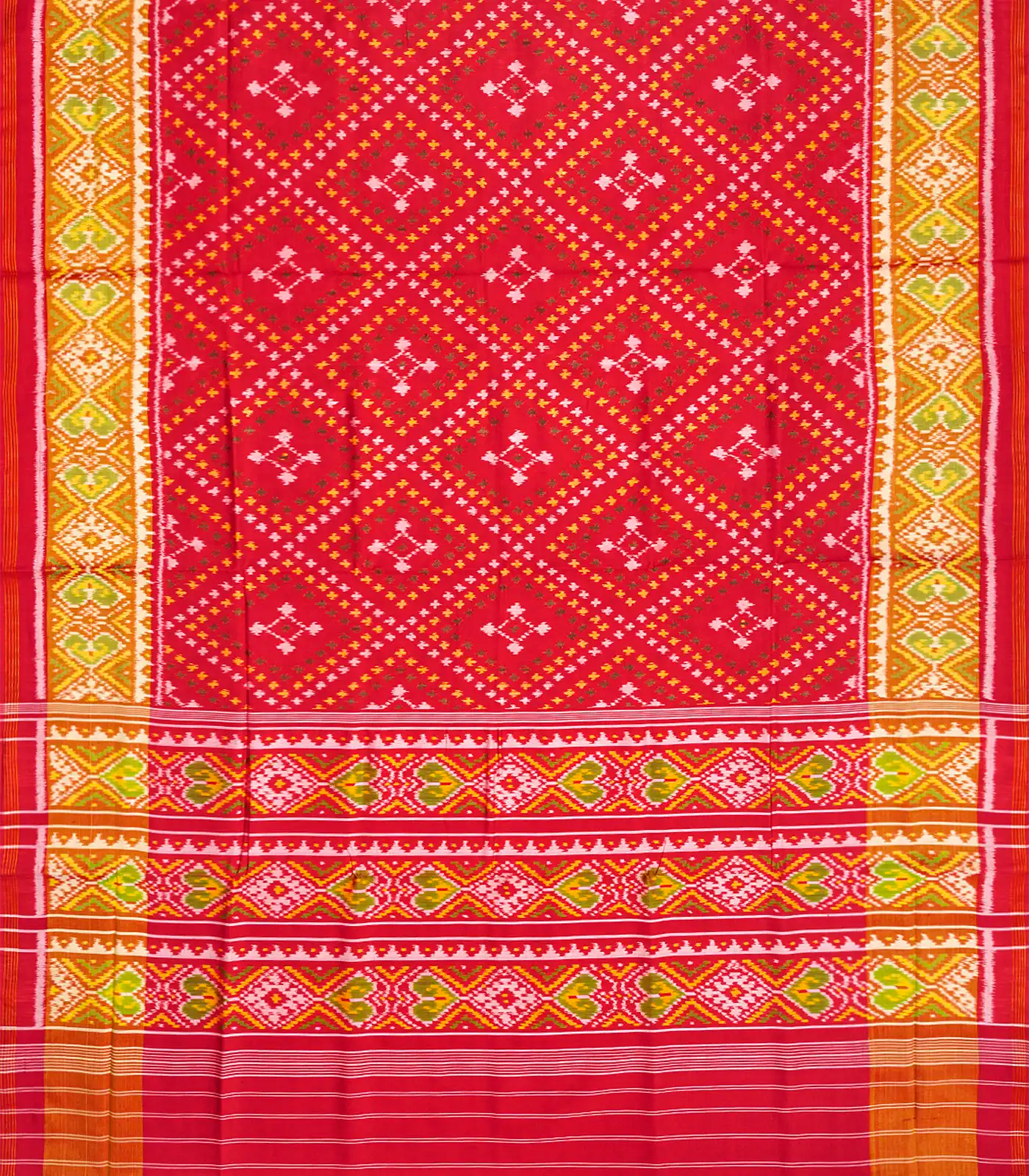 Red Handloom Patola Single Ikat Silk Saree With Diamond Motifs-Red