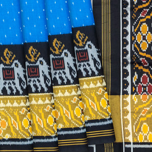 Blue Handloom Patola Single Ikat Silk Saree With Elephant Motifs-Blue