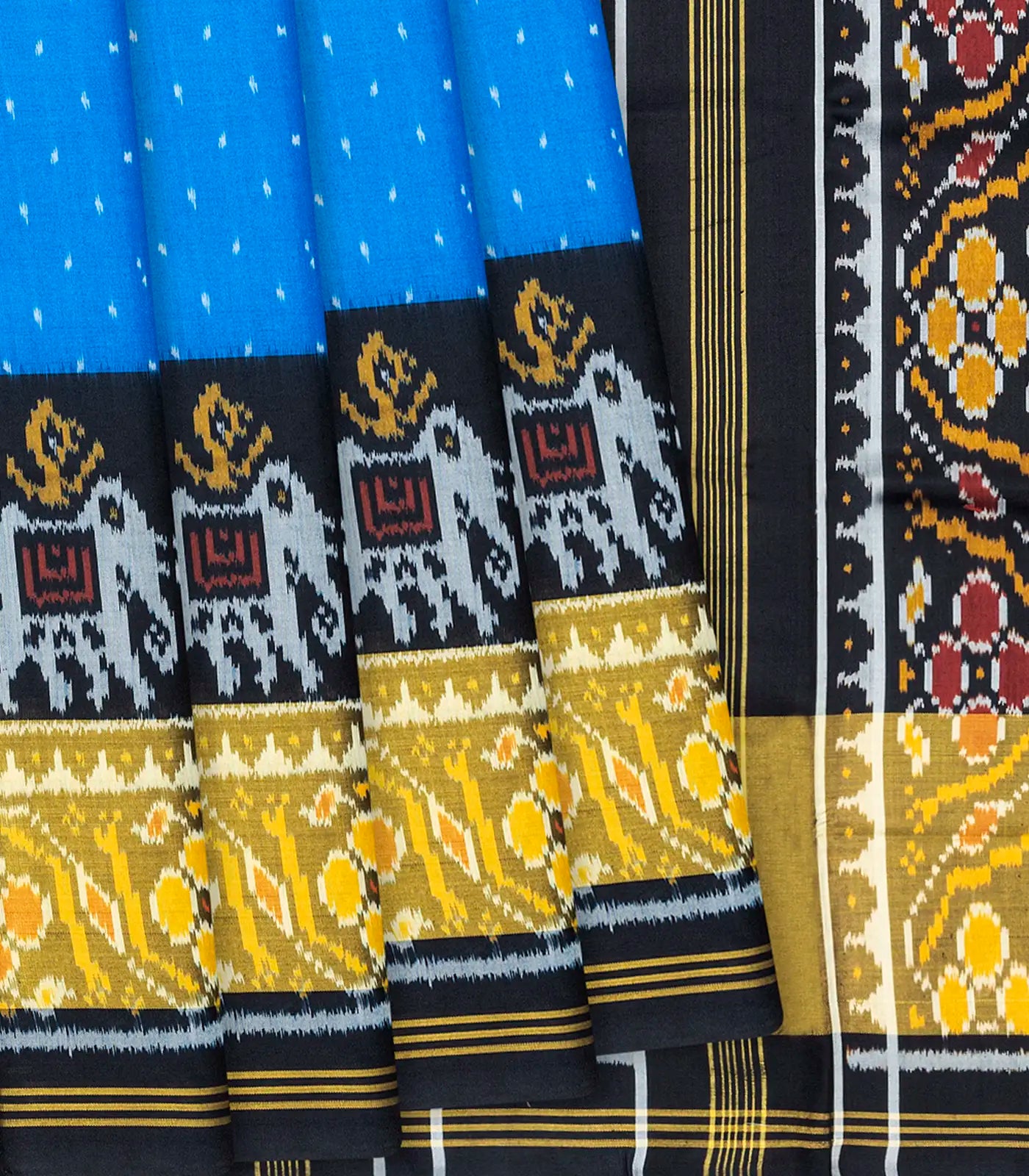 Blue Handloom Patola Single Ikat Silk Saree With Elephant Motifs-Blue