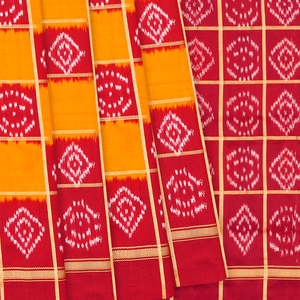 Mustard Handloom Pochampally Single Ikat Silk Saree With Checks-Mustard