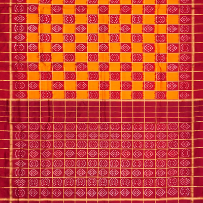 Mustard Handloom Pochampally Single Ikat Silk Saree With Checks-Mustard