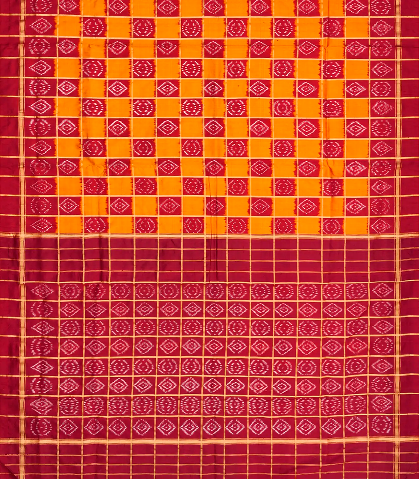 Mustard Handloom Pochampally Single Ikat Silk Saree With Checks-Mustard
