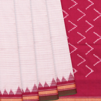 Off White Handloom Pochampally Single Ikat Silk Saree With Stripes-Off White