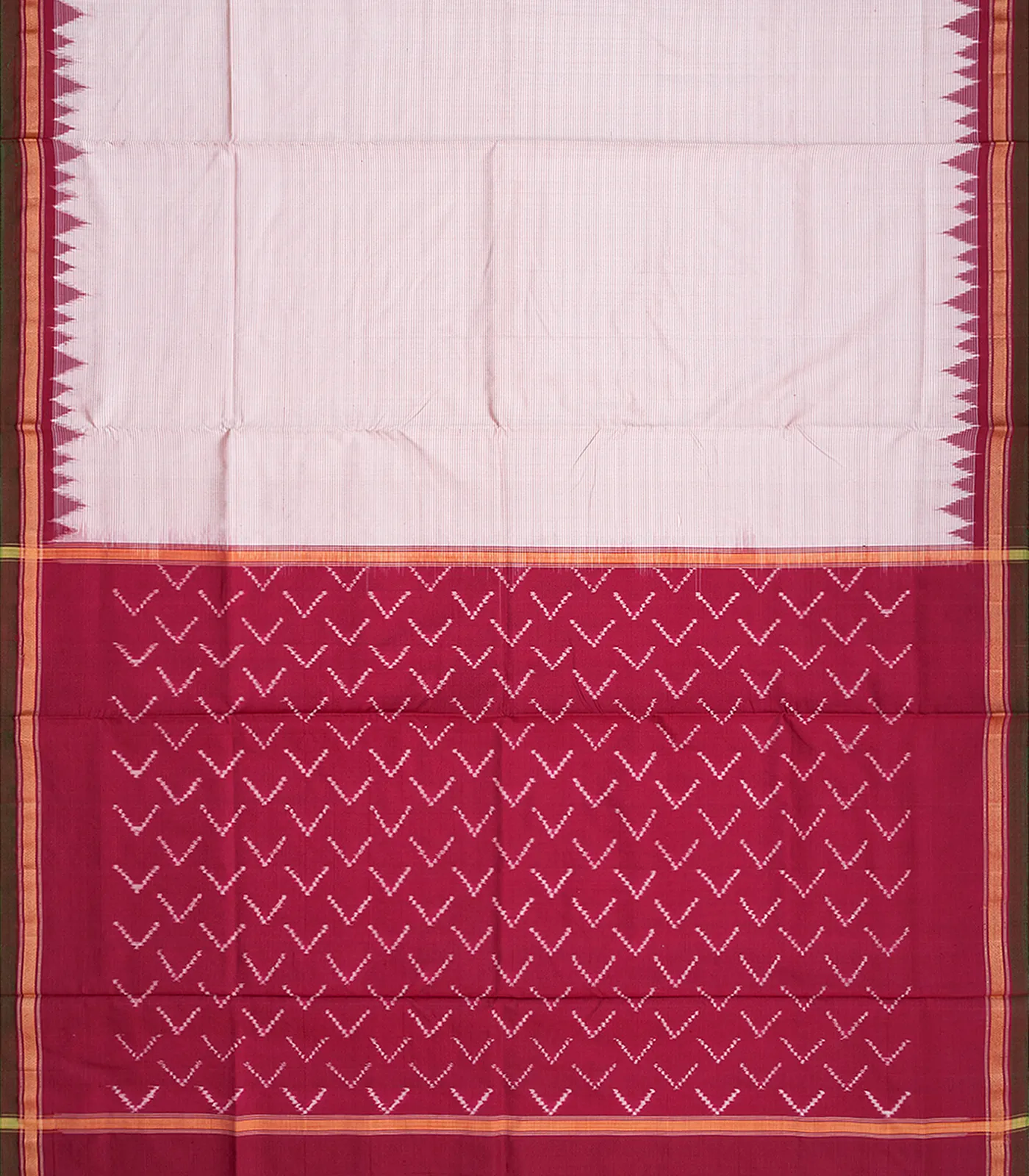 Off White Handloom Pochampally Single Ikat Silk Saree With Stripes-Off White