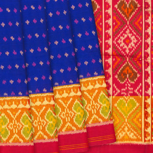 Blue Handloom Single Ikat Silk Saree With Floral Motifs-Blue