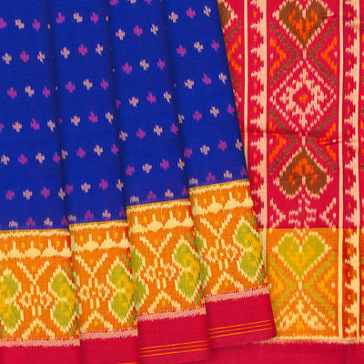 Blue Handloom Single Ikat Silk Saree With Floral Motifs-Blue