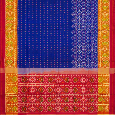 Blue Handloom Single Ikat Silk Saree With Floral Motifs-Blue
