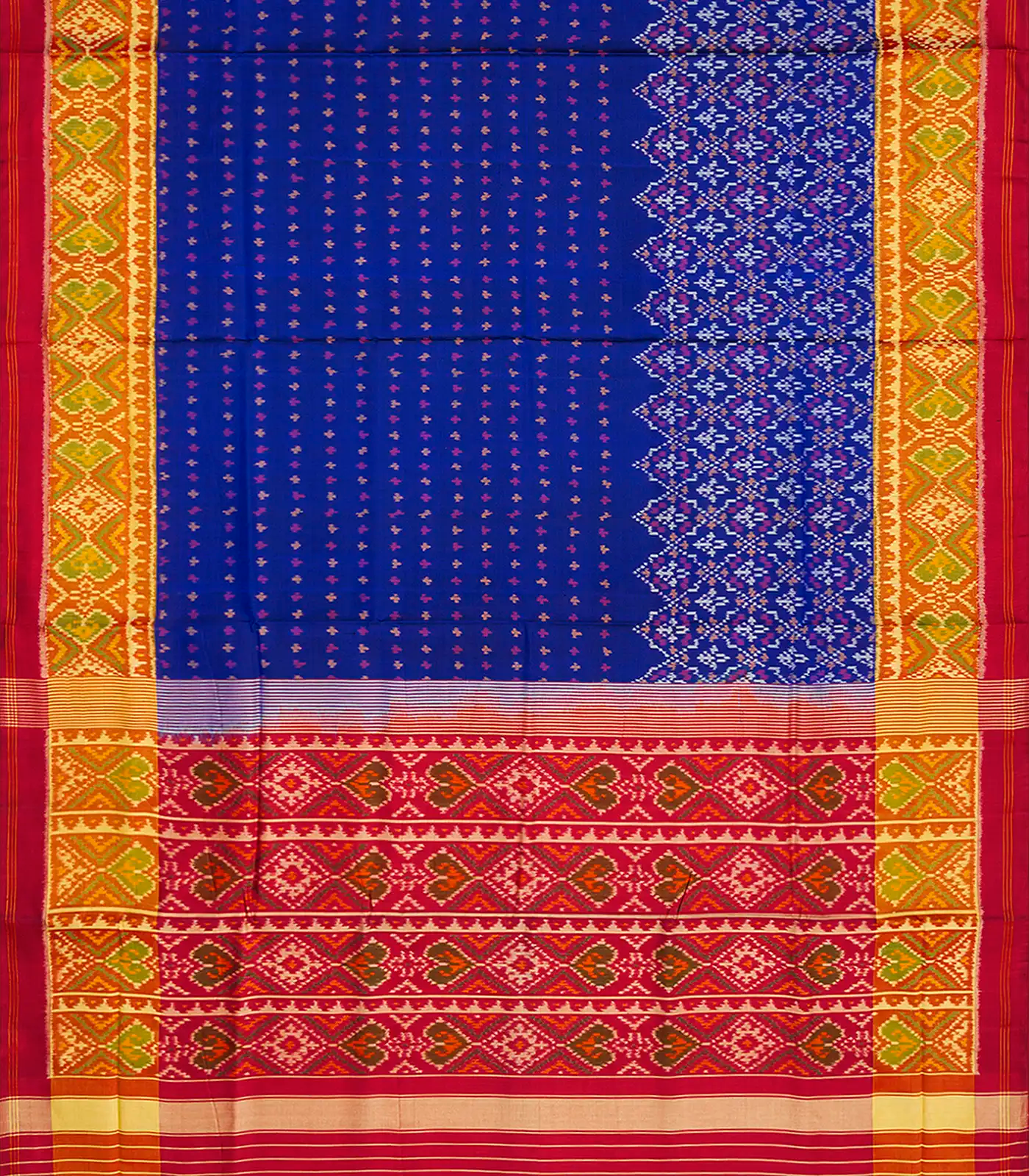 Blue Handloom Single Ikat Silk Saree With Floral Motifs-Blue
