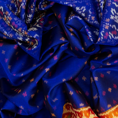 Blue Handloom Single Ikat Silk Saree With Floral Motifs-Blue