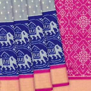 Grey Handloom Single Ikat Silk Saree With Dotted & Elephant Motifs-Grey
