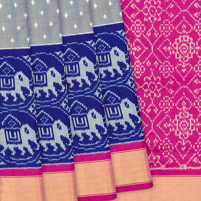 Grey Handloom Single Ikat Silk Saree With Dotted & Elephant Motifs-Grey