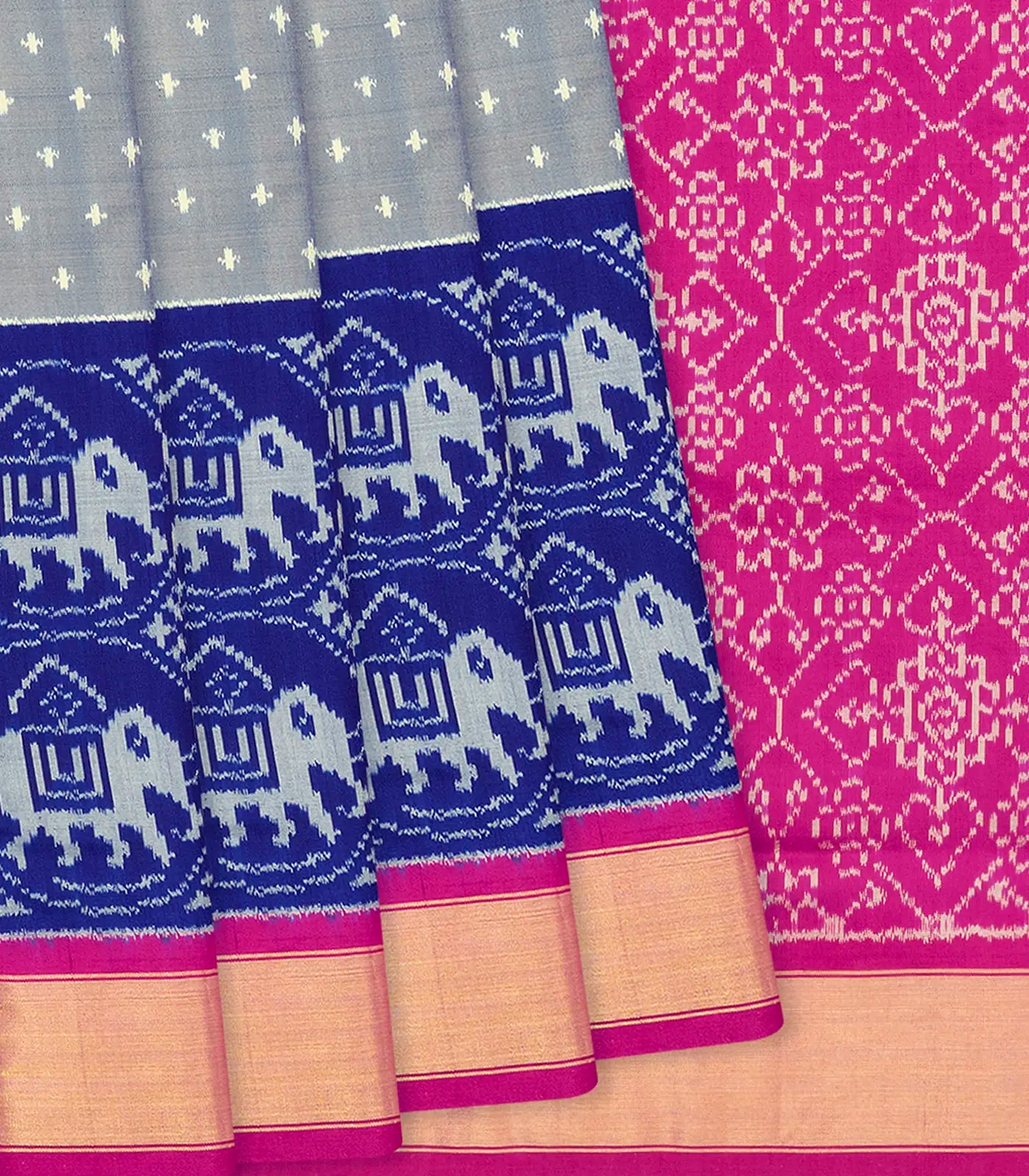 Grey Handloom Single Ikat Silk Saree With Dotted & Elephant Motifs-Grey