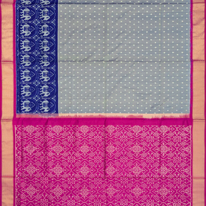 Grey Handloom Single Ikat Silk Saree With Dotted & Elephant Motifs-Grey