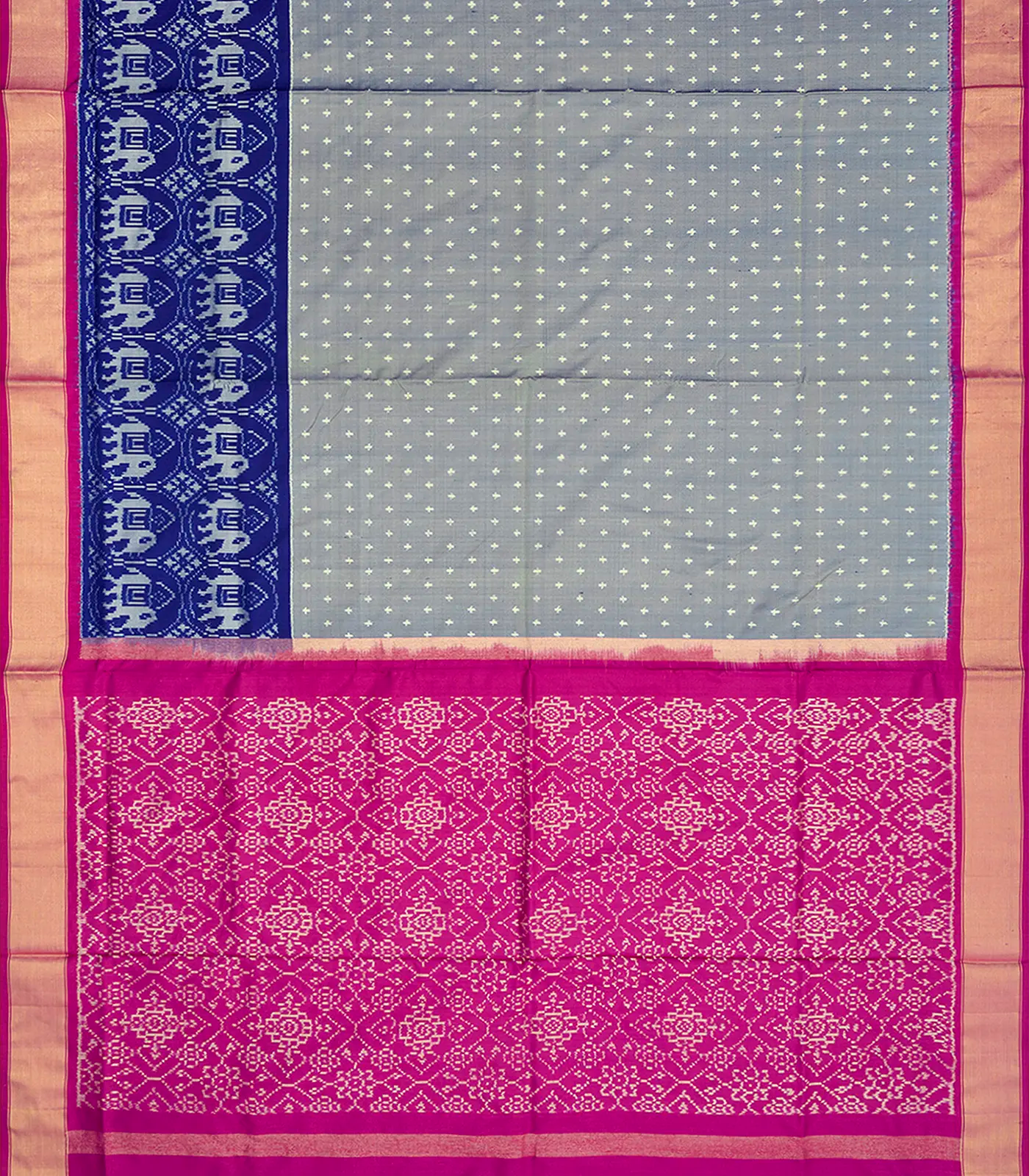 Grey Handloom Single Ikat Silk Saree With Dotted & Elephant Motifs-Grey