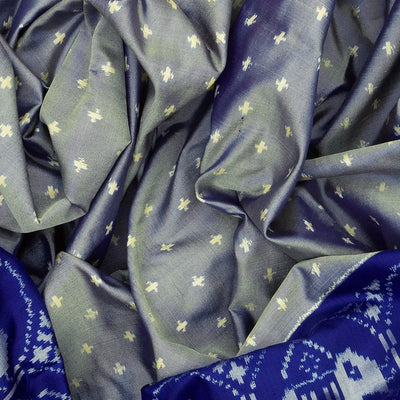 Grey Handloom Single Ikat Silk Saree With Dotted & Elephant Motifs-Grey