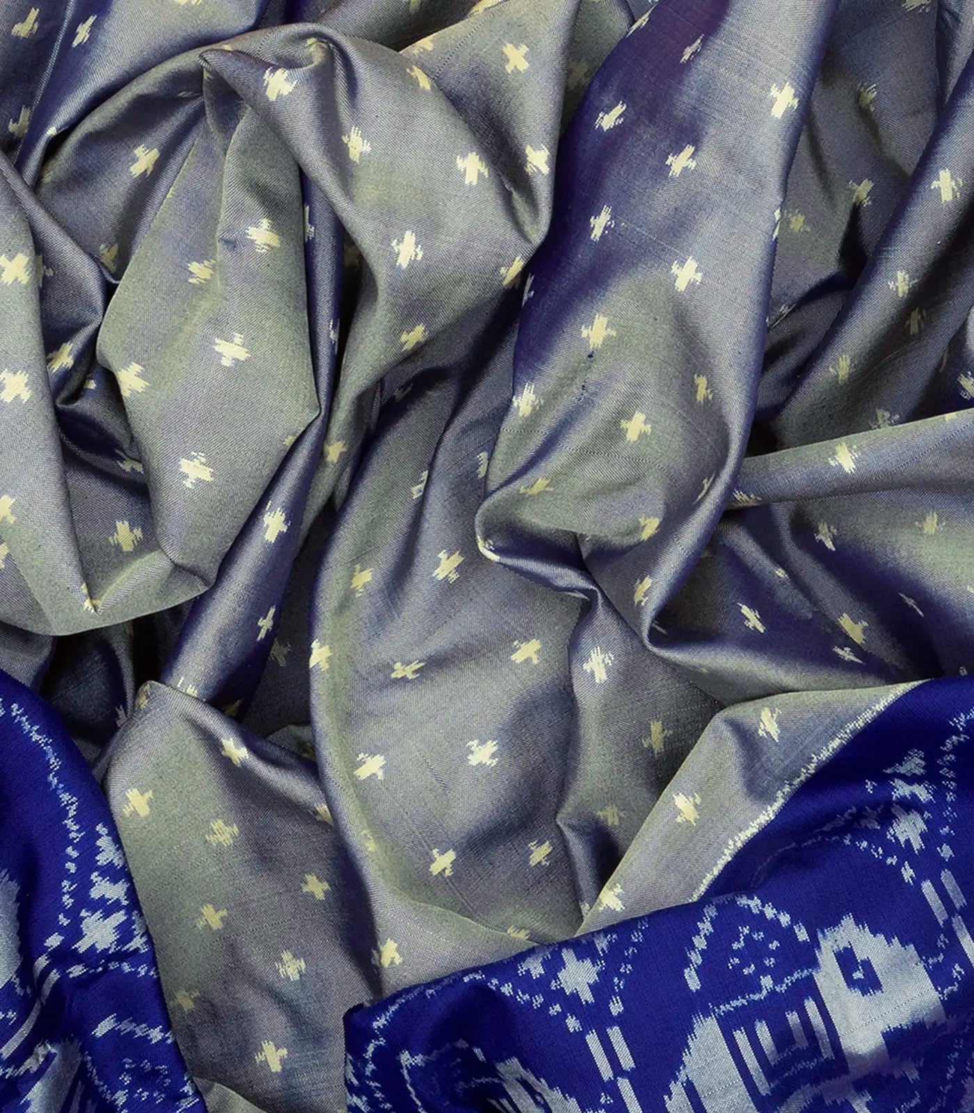 Grey Handloom Single Ikat Silk Saree With Dotted & Elephant Motifs-Grey