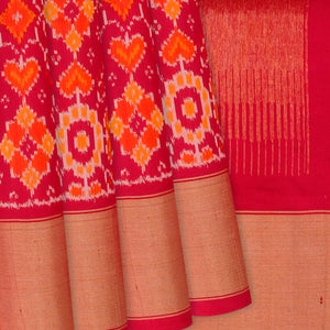 Red Handloom Pochampally Ikat Saree With Floral Motifs-Red