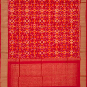 Red Handloom Pochampally Ikat Saree With Floral Motifs-Red