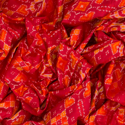 Red Handloom Pochampally Ikat Saree With Floral Motifs-Red