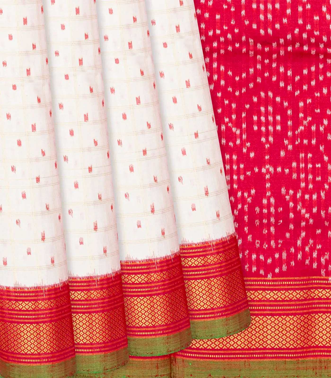 White Handloom Pochampally Ikat Saree With Checks-White