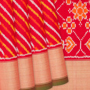 Red Handloom Pochampally Ikat Saree With Stripes-Red
