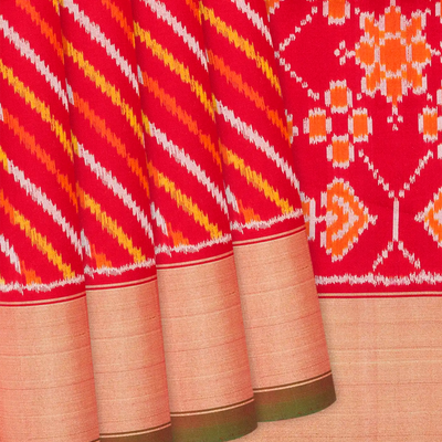 Red Handloom Pochampally Ikat Saree With Stripes-Red