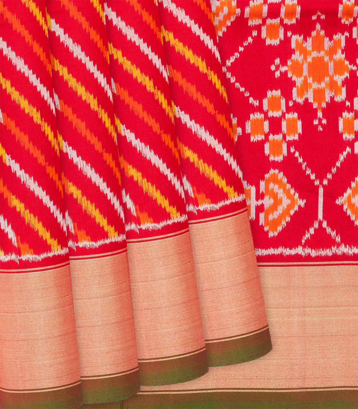 Red Handloom Pochampally Ikat Saree With Stripes-Red