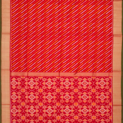 Red Handloom Pochampally Ikat Saree With Stripes-Red