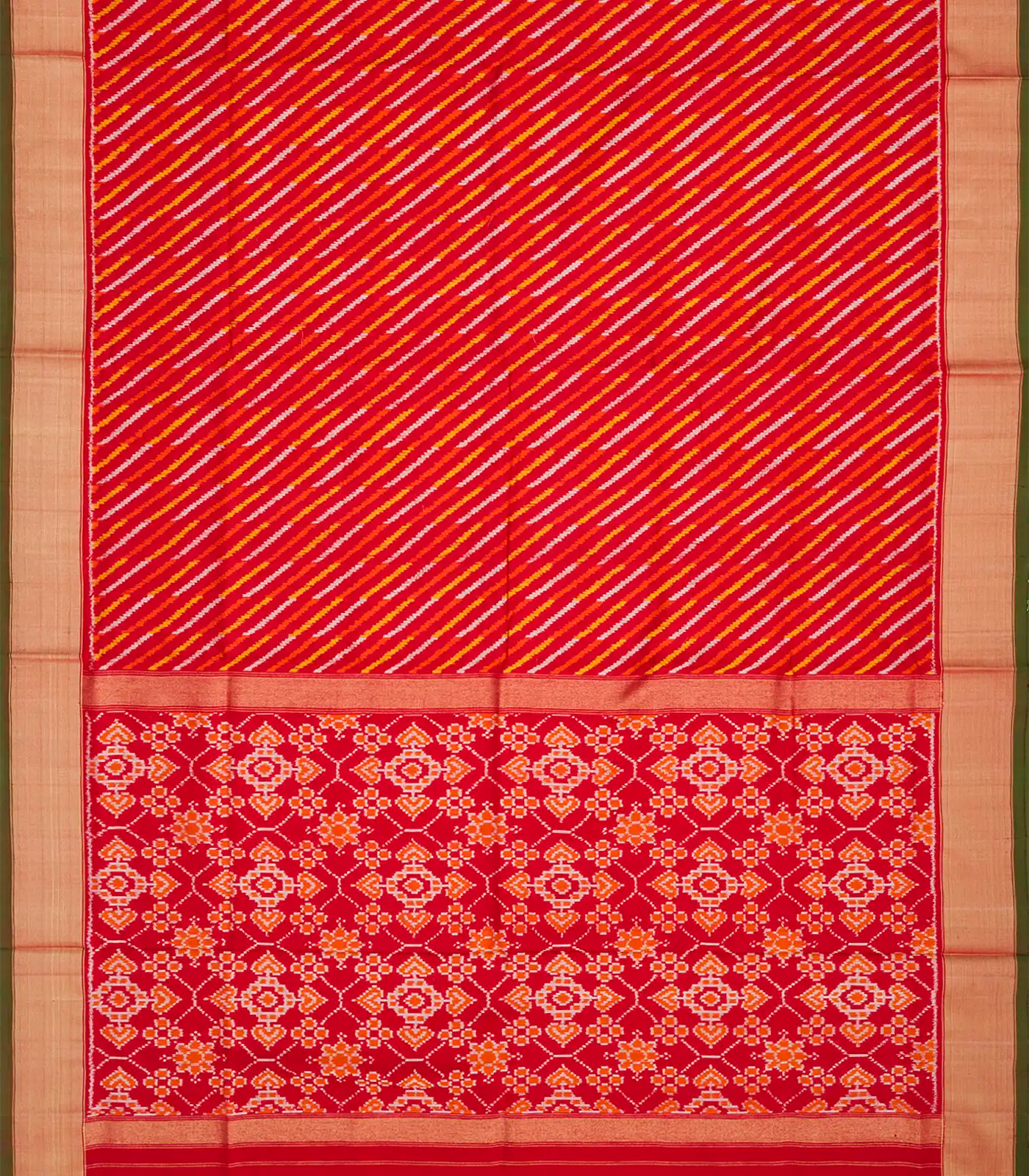 Red Handloom Pochampally Ikat Saree With Stripes-Red