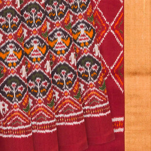 Crimson Handloom Pochampally Ikat Saree With Elephant Motifs-Crimson