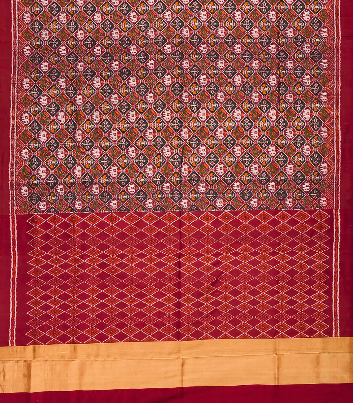 Crimson Handloom Pochampally Ikat Saree With Elephant Motifs-Crimson