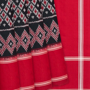 Black Handloom Pochampally Ikat Saree With Diamond Motifs-Black