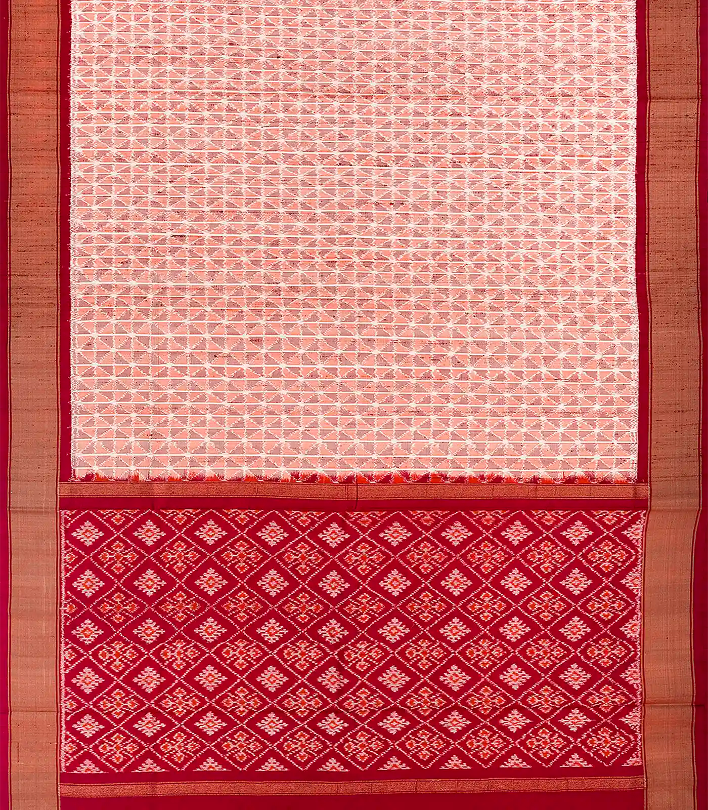Peach Handloom Pochampally Ikat Saree With Diamond Motifs-Peach