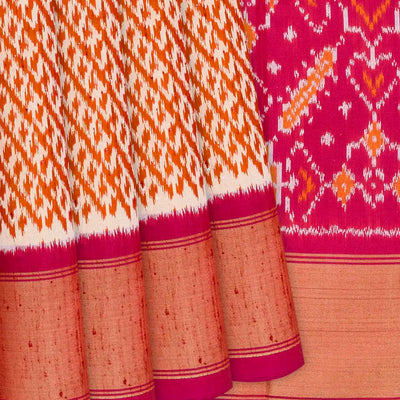 Orange Handloom Pochampally Ikat Saree With Stripes-Orange