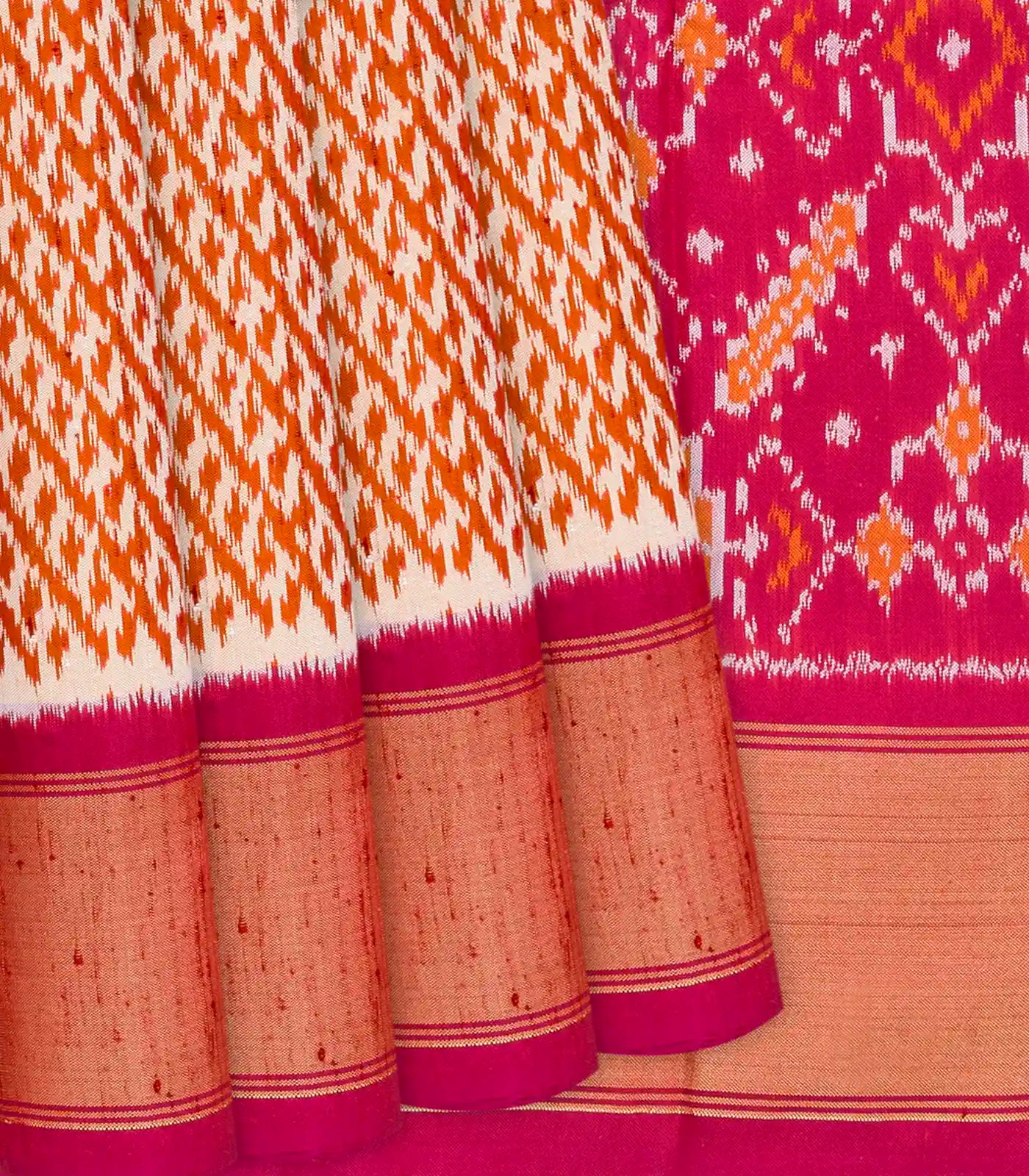 Orange Handloom Pochampally Ikat Saree With Stripes-Orange