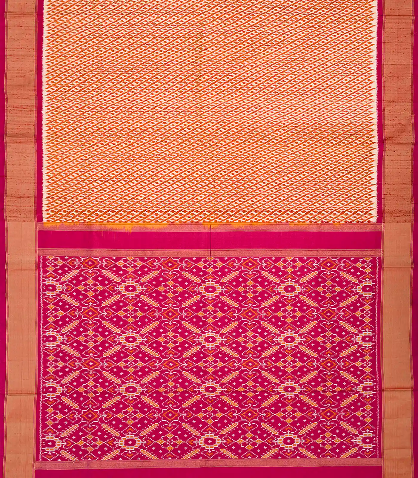 Orange Handloom Pochampally Ikat Saree With Stripes-Orange