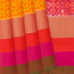 Yellow Handloom Pochampally Ikat Saree With Stripes-Yellow