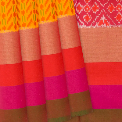 Yellow Handloom Pochampally Ikat Saree With Stripes-Yellow