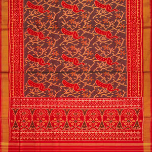 Red Handloom Rajkot Patola Silk Saree With Peacock Motifs-Red