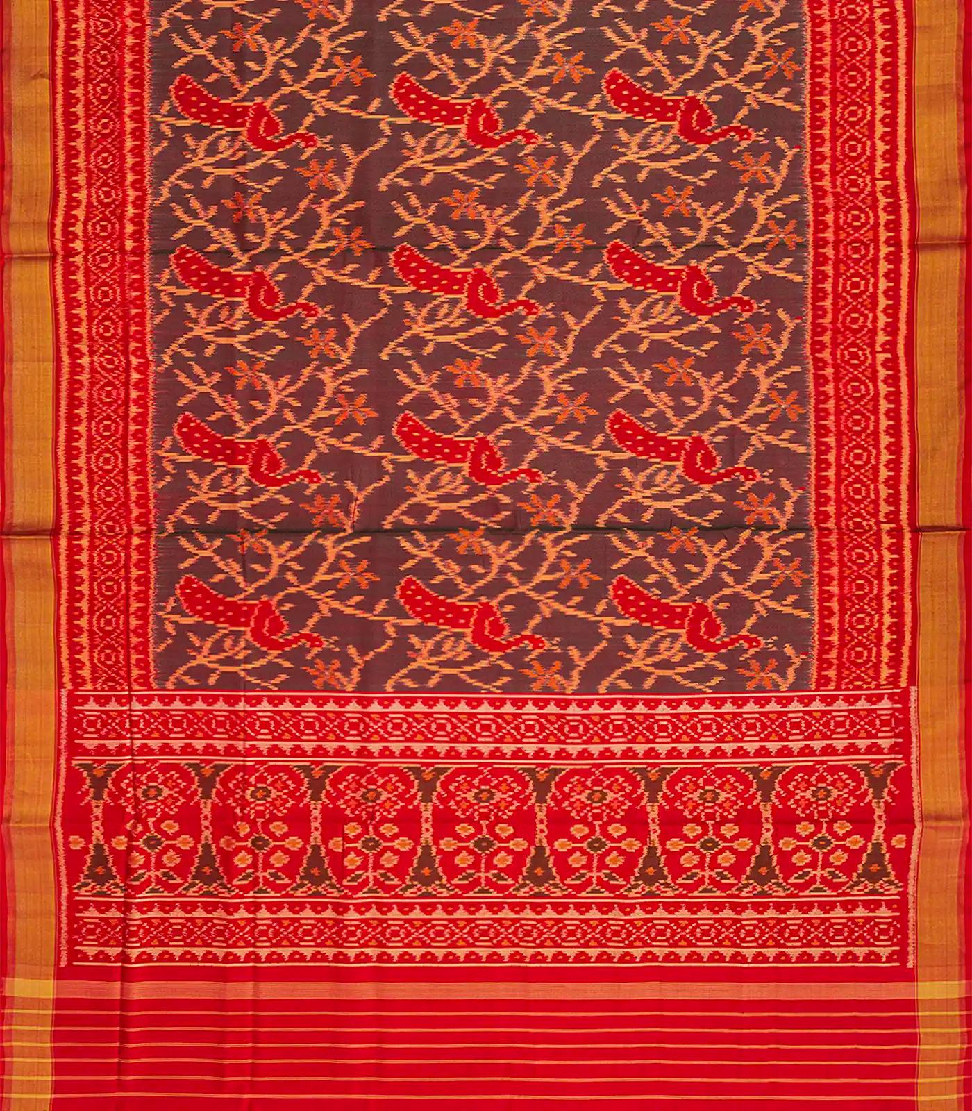 Red Handloom Rajkot Patola Silk Saree With Peacock Motifs-Red