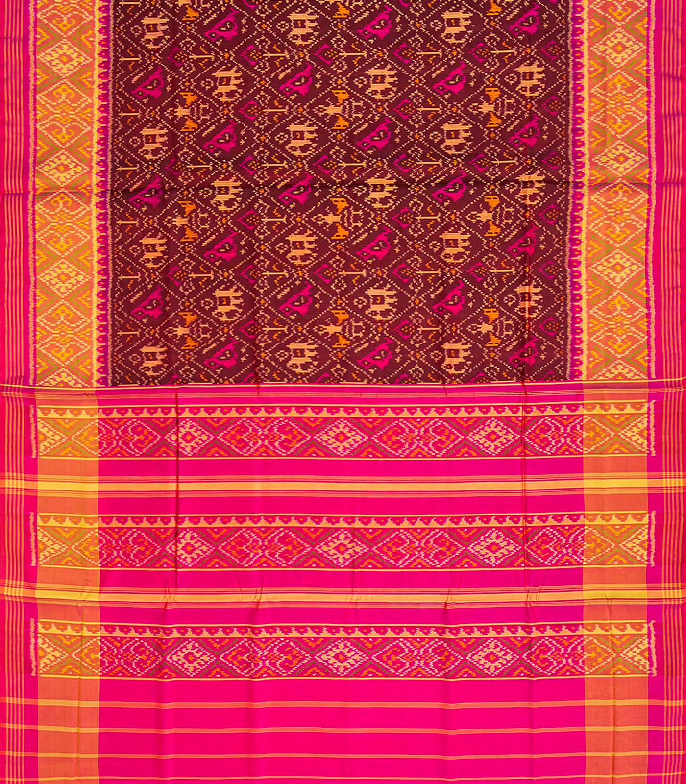 Maroon Handloom Rajkot Patola Silk Saree With Bird Motifs-Maroon