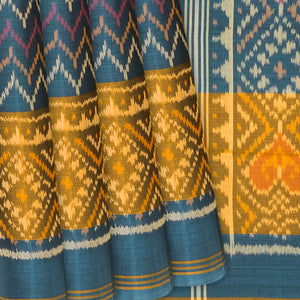 Steel Blue Handloom Rajkot Patola Silk Saree With Chevron Motifs-Steel Blue