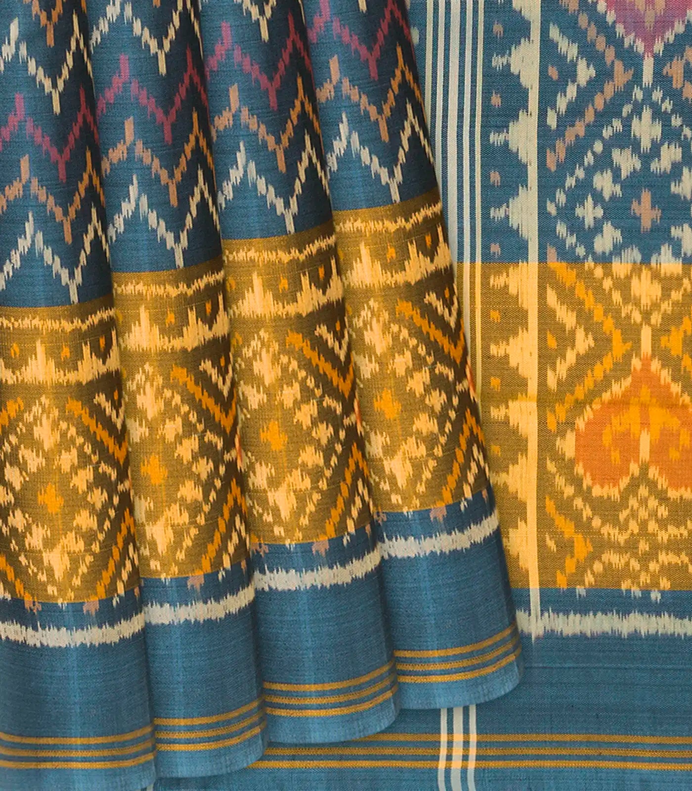 Steel Blue Handloom Rajkot Patola Silk Saree With Chevron Motifs-Steel Blue