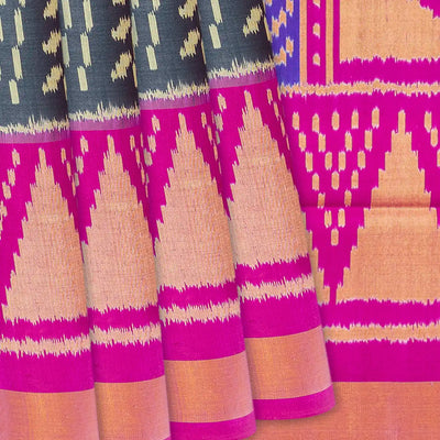 Dark Grey Handloom Rajkot Patola Silk Saree With Floral Motifs-Dark Grey