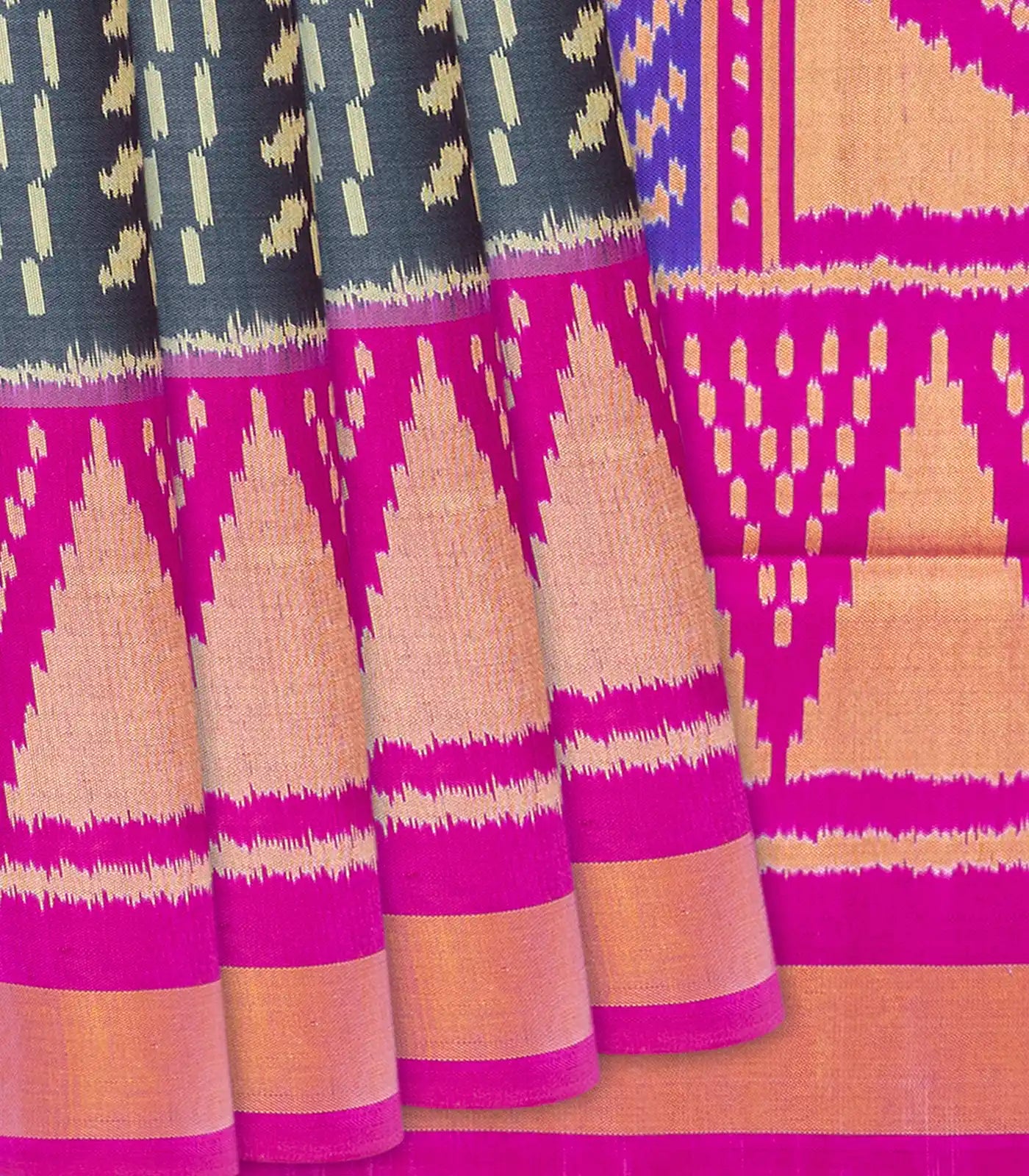 Dark Grey Handloom Rajkot Patola Silk Saree With Floral Motifs-Dark Grey