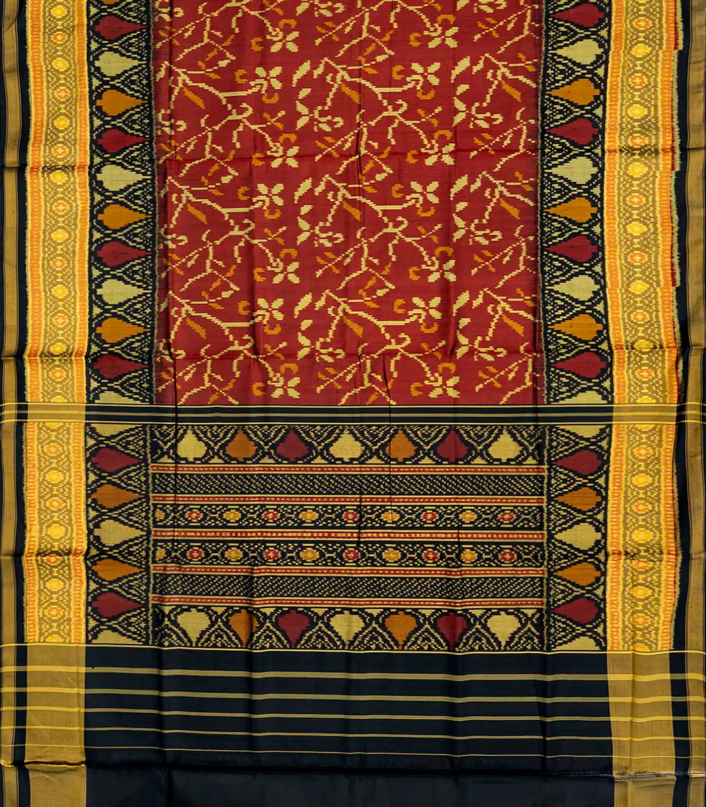 Maroon Handloom Rajkot Patola Silk Saree With Floral Motifs-Maroon