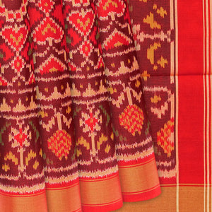Red Handloom Rajkot Patola Silk Saree With Floral Motifs-Red