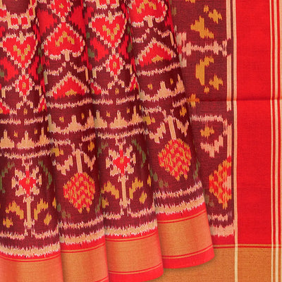 Red Handloom Rajkot Patola Silk Saree With Floral Motifs-Red